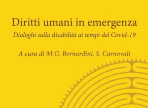 La copertina di “Diritti umani in emergenza” reca gli estremi della pubblicazione, è di colore giallo ocra, ed è decorata con il disegno di un labirinto.