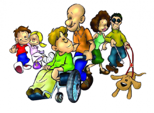 Una bambina con la gamba ingessata, un cieco col bastone bianco e il cane guida, ed un giovane in sedia a rotelle vengono aiutati negli spostamenti da delle persone.