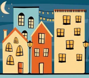 Un disegno raffigura un paesaggio notturno, con quattro case di diversi colori, le finestre illuminate, due lampioni accesi, una mezza luna appesa in cielo e qualche stellina.