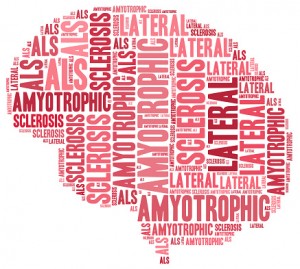 La scritta inglese Amyotrophic lateral sclerosis – ALS è riprodotta tante volte e combinata in modo da disegnare la sagoma di un cervello umano.
