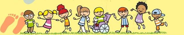 Su un prato sono raffigurati otto bambini e bambine diversi sorridenti ed in amicizia, due di essi hanno problemi motori (un bambino è in sedia a rotelle, una bambina ha una gamba gessata e utilizza una stampella). 