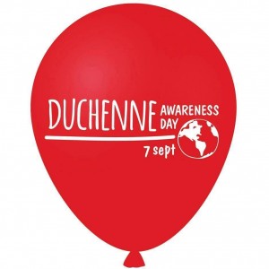 Il palloncino rosso scelto come simbolo internazionale dell’evento illustrato con il globo terrestre e la scritta “Duchenne awareness day 7 sept”.