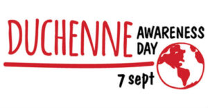 Il logo della Giornata Mondiale sulla distrofia di Duchenne, illustrato con il globo terrestre e la scritta “Duchenne awareness day 7 sept”.