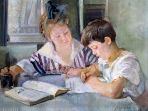 Armando Spadini, Bambini che studiano,1918, olio su tela 87x101 cm., Roma, Banca d'Italia.