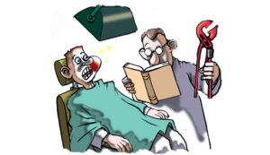 Un vignetta mostra un dentista munito di tenaglia che, prima di intervenire sul paziente dolorante, ripassa le istruzioni.