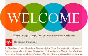 Il logo di Welcome reca il nome del progetto sovrascritto su quattro cerchi colorati, il logo ed il nome della Regione Toscana, de i nomi degli otto musei fiorentini aderenti all’iniziativa.