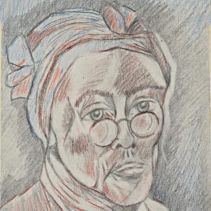 Un’altra opera della mostra “L’immaginario svelato” ritrae il viso di una donna anziana con un copricapo e gli occhiali.