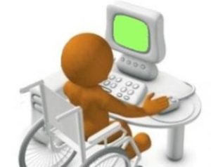 Immagine stilizzata di una persona con disabilità in sedia a rotelle che usa il computer.