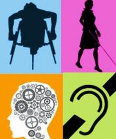 Immagine costituita da quattro loghi che rappresentano quattro tipi di disabilità: motoria, visiva, intellettiva e uditiva.