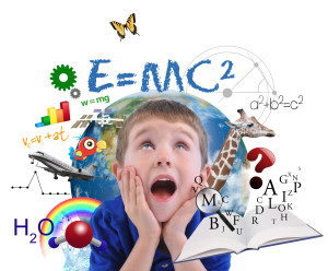 Un’illustrazione grafica sui disturbi specifici dell’apprendimento, mostra un bambino che rimane letteralmente a bocca aperta davanti alla mole di informazioni che lo circondano. Lettere, formule, equazioni, animali, grafici, ecc.